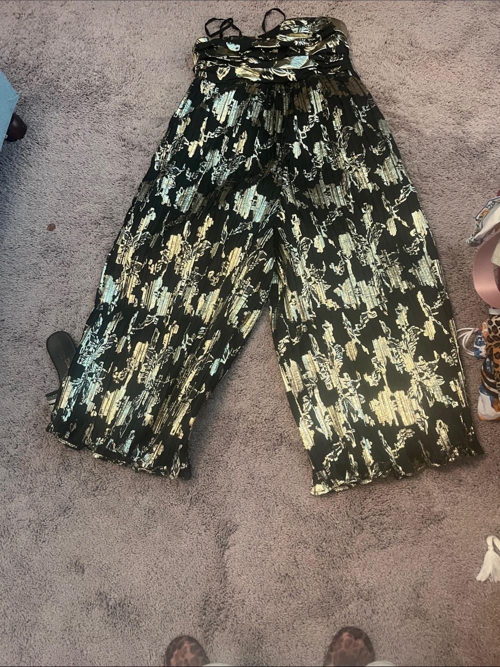 Anthropologie Black Metallic Floral Jumpsuit